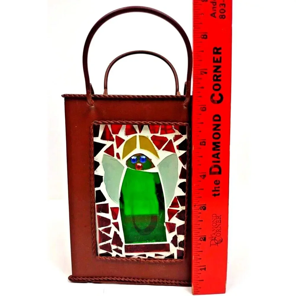 Vintage Stained Glass Metal Bag Tea Light Lantern Candle Christmas Angel Decor